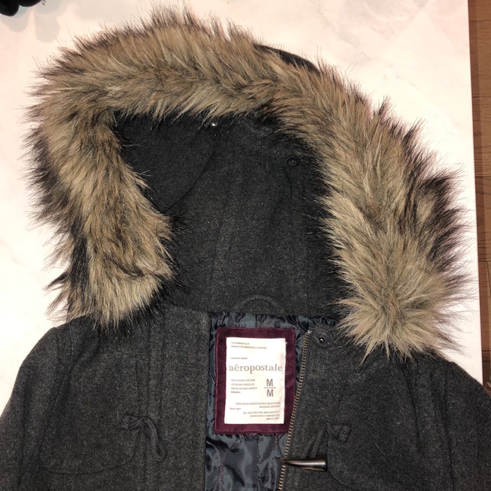 Gray coat with detachable fur hood